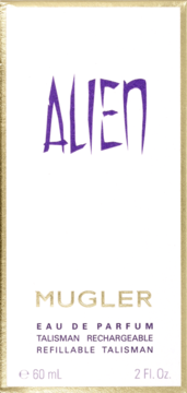 Alien Mugler refillable eau de parfum, białe opakowanie z fioletowym napisem ALIEN i złotą ramką.
