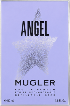 Fioletowe pudełko Angel Mugler Eau de Parfum z dużą srebrną gwiazdą, napis "REFILLABLE STAR", widok z przodu.