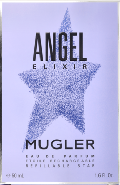 Przedni widok fioletowego pudełka Angel Elixir Mugler Eau de Parfum, z niebieską brokatową gwiazdą i napisem Refillable.