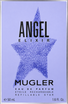Fioletowe pudełko Angel Elixir Mugler 50ml, EDP Refillable, z brokatową gwiazdą i czarnym napisem, widok z przodu.