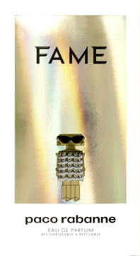Złote, lśniące pudełko perfum Paco Rabanne FAME, z figlarnym flakonem-robotem w okularach, widok z przodu.