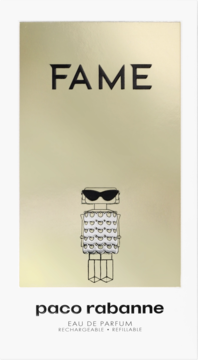 Złote pudełko perfum Paco Rabanne Fame Eau de Parfum, czarny napis FAME, futurystyczny robot, widok z przodu.