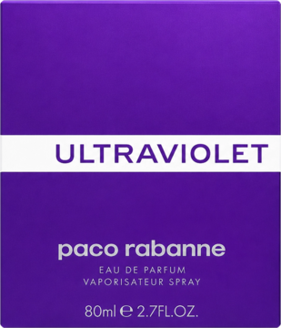 Intensywnie fioletowe opakowanie perfum Paco Rabanne Ultraviolet 80ml, z białym paskiem i napisem.