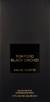 Czarne, żebrowane opakowanie Tom Ford Black Orchid Eau de Toilette 50 ml ze złotymi napisami, widok z przodu.