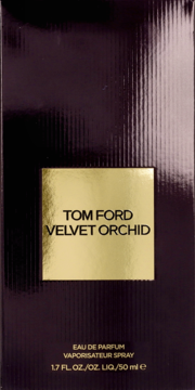 Ciemnofioletowe, błyszczące pudełko Tom Ford Velvet Orchid EDP z złotą etykietą, widok od frontu.