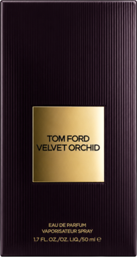 Tom Ford Velvet Orchid EDP, ciemnofioletowe opakowanie z pionowymi prążkami i złotą etykietą, widok z przodu.