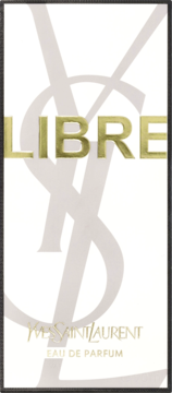 Yves Saint Laurent Libre Eau de Parfum. Białe opakowanie z reliefowym złotym napisem LIBRE i szarym logo YSL.