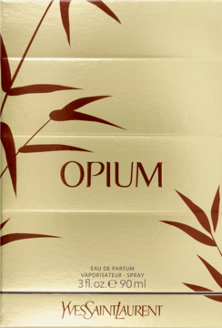 Złote opakowanie perfum YSL Opium Eau de Parfum 90 ml z orientalnym wzorem bambusa, widok z przodu.