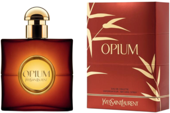 YSL Opium woda toaletowa. Ciemna butelka ze złotym korkiem i czerwone pudełko z bambusowym wzorem, widok z przodu.