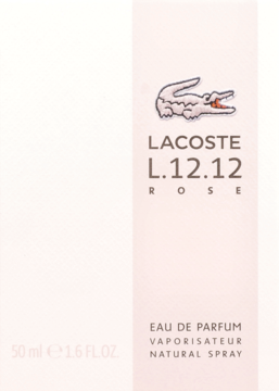 Biało-różowy kartonik perfum Lacoste L.12.12 Rose 50 ml, widok przodu z logo krokodyla i napisem Eau de Parfum.