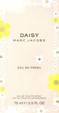 Pudełko perfum Daisy Marc Jacobs Eau So Fresh 75 ml, beżowe z białymi i żółtymi stokrotkami, widok z przodu.