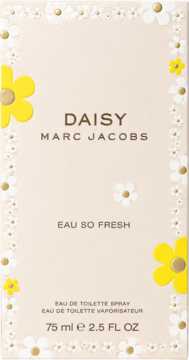 Przednie opakowanie wody toaletowej Daisy Marc Jacobs Eau So Fresh, beżowe z białymi i żółtymi stokrotkami. 75 ml.