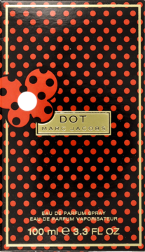 Marc Jacobs Dot, woda perfumowana 100ml, w czarnym pudełku w czerwone grochy, z dużym czerwonym kwiatem z przodu.