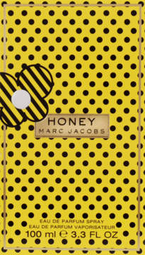 Żółte pudełko perfum Marc Jacobs Honey (100ml) w czarne kropki, z kwiatem i złotym logo, widok z przodu.