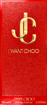 Czerwone, teksturowane pudełko Jimmy Choo I Want Choo 100ml, złote logo JC i napisy, widok z przodu.