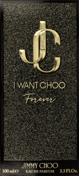 Jimmy Choo I Want Choo Forever EDP w czarnym, teksturowanym pudełku ze złotym logo JC i napisami.