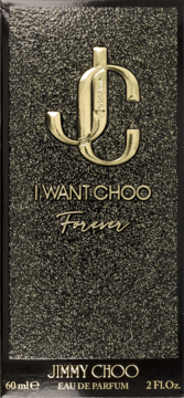 Czarne opakowanie perfum Jimmy Choo I Want Choo Forever, z brokatem, złotym logo i napisem.