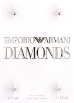 Front opakowania wody perfumowanej Emporio Armani Diamonds, biały z srebrnym napisem i kryształkami.