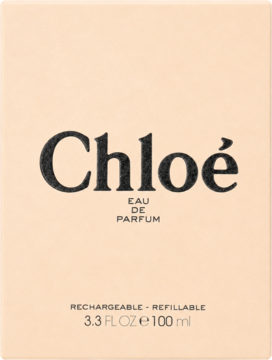 Beżowe pudełko Chloe Eau de Parfum 100ml z czarnym logo i napisem 'REFILLABLE', widok z przodu.
