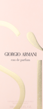 Front opakowania perfum Giorgio Armani Si eau de parfum na różowym tle, z zakrzywionymi, złotymi kształtami.