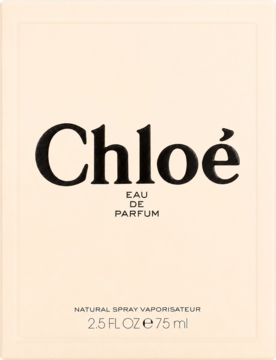 Beżowe pudełko Chloe Eau de Parfum 75ml, widok frontalny z czarnym logo 'Chloé' i pojemnością 2.5 FL OZ.