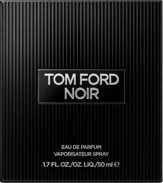 Czarne, prążkowane pudełko Tom Ford Noir męska woda perfumowana 50ml, z metaliczną etykietą, widok z przodu.