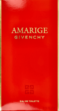 Czerwone, błyszczące pudełko perfum Givenchy Amarige Eau de Toilette ze złotymi napisami i logo, widok z przodu.