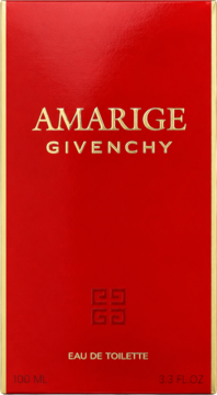 Czerwone pudełko Givenchy Amarige Eau de Toilette 100ml ze złotymi napisami, widok z przodu, lśniące wykończenie.