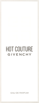 Białe opakowanie Givenchy Hot Couture Eau de Parfum z ciemnoszarym napisem, widok z przodu.