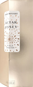 Złote opakowanie wody toaletowej Issey Miyake Nectar d'Issey Petale de Nectar, widok z przodu, z białym logo i brązowym wzorem.