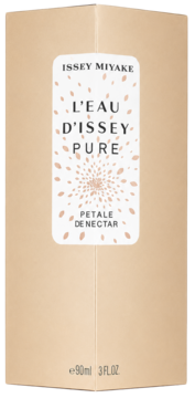 Beżowe pudełko Issey Miyake L'eau D'Issey Pure Petale De Nectar, damska woda toaletowa 90ml, z etykietą o wzorze płatków.