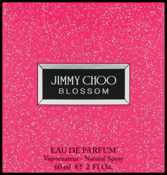 Jimmy Choo Blossom damska woda perfumowana 60ml. Różowe, brokatowe pudełko z czarno-srebrnym logo, widok z przodu.