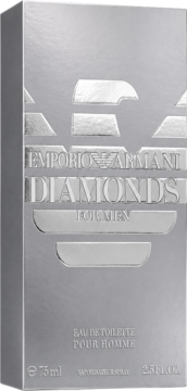 Srebrne, błyszczące opakowanie wody toaletowej Emporio Armani Diamonds for Men 75 ml, z tłoczonym logo i nazwą.