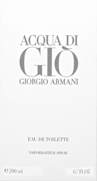Białe opakowanie Acqua di Gio Giorgio Armani woda toaletowa dla mężczyzn 200 ml, widok z przodu z szarym napisem.