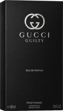 Czarne, prostokątne pudełko Gucci Guilty Pour Homme EDP 150ml ze srebrnym logo, widok z przodu.