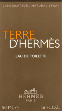 Brązowe opakowanie męskiej wody toaletowej Terre d'Hermès 50ml, widok z przodu z białymi i pomarańczowymi napisami.