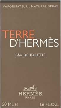 Brązowe opakowanie Terre d'Hermès Eau de Toilette 50 ml, z pomarańczowym napisem, widok z przodu.