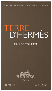 Brązowe opakowanie wody toaletowej Terre d'Hermès dla mężczyzn, 50 ml, z białym i pomarańczowym napisem oraz logo Hermès, widok z przodu.