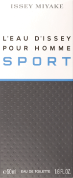 Opakowanie Issey Miyake L'eau D'Issey Pour Homme Sport, męskiej wody toaletowej, białe z niebieską linią, dolna część szara z teksturą.