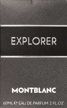 Front of Montblanc Explorer Eau de Parfum black textured box with white text: EXPLORER and MONTBLANC.