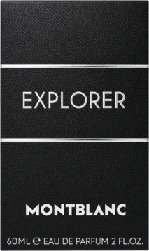 Czarny, teksturowany kartonik Montblanc Explorer Eau de Parfum dla mężczyzn, z srebrnymi napisami. Widok z przodu.