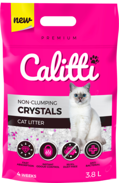 Różowy worek żwirku Calitti non-clumping Crystals 3.8L, z ilustracją białego kota, widok z przodu.