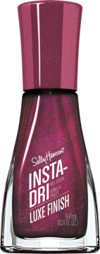 Sally Hansen Insta-Dri Luxe Finish, bordowy lakier do paznokci z brokatem, butelka z przodu.