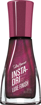 Sally Hansen Insta-Dri Luxe Finish, bordowy lakier do paznokci z brokatem, butelka z przodu.