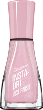 Różowy lakier Sally Hansen Insta-Dri Luxe Finish z brokatem w przezroczystej butelce z różową nakrętką, widok z przodu.