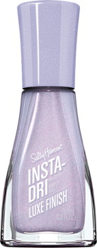 Lakier do paznokci Sally Hansen Insta-Dri Luxe Finish, liliowy z połyskującym brokatem, widok butelki.