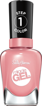 Sally Hansen Miracle Gel w kolorze Satel-lite Pink, butelka lakieru z czarną nakrętką, widok z przodu.