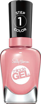 Sally Hansen Miracle Gel w kolorze Satel-lite Pink, butelka lakieru z czarną nakrętką, widok z przodu.