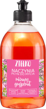 Zielko Różowy Grejpfrut płyn do naczyń, pomarańczowy płyn w butelce z pompką, przód, różowa etykieta.