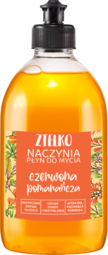 Zielko Płyn do mycia naczyń Czerwona Pomarańcza, pomarańczowy płyn w butelce z pompką, widok z przodu.